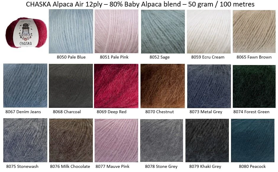 Alpaca Air 12ply - 80% Baby Alpaca blend - 50 grams / 100 metres - A17 colours to choose from