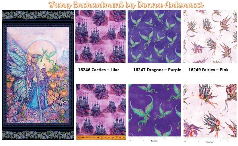 Fairy Enchantment with Castles & Dragons patchwork & quilting fabric panel with coordinating fabrics