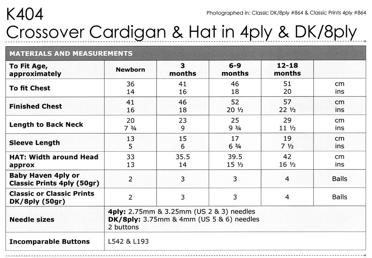 K404 Crossover Cardigan & Hat 4ply 8ply 0 to 18 months