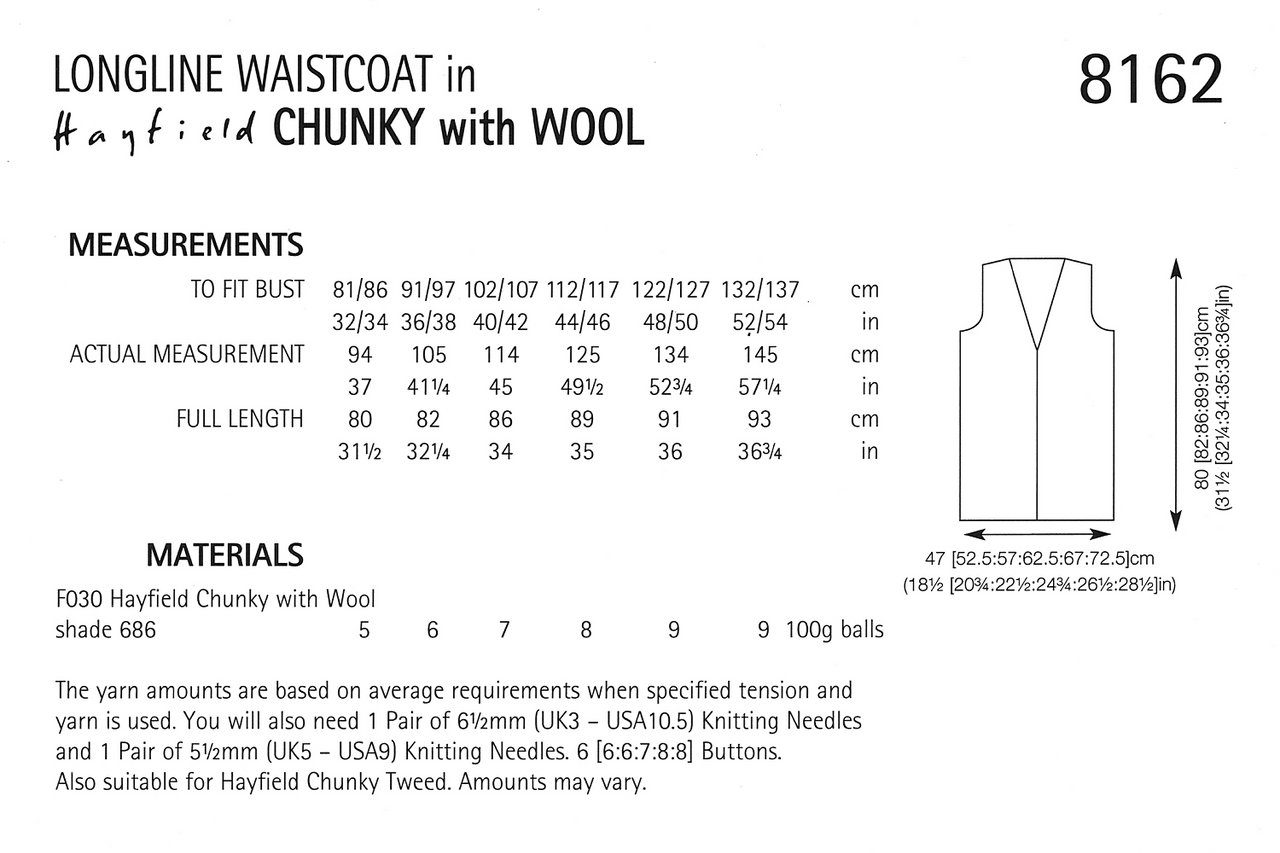 8162 Hayfield Chunky Ladies long-line vest in 14ply for 32" to 54"