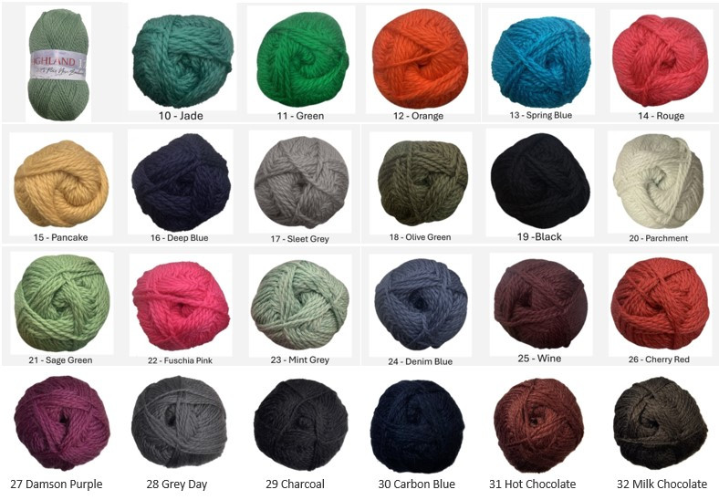 Countrywide Highland 12ply 100% Pure NZ knitting Wool - shade chart