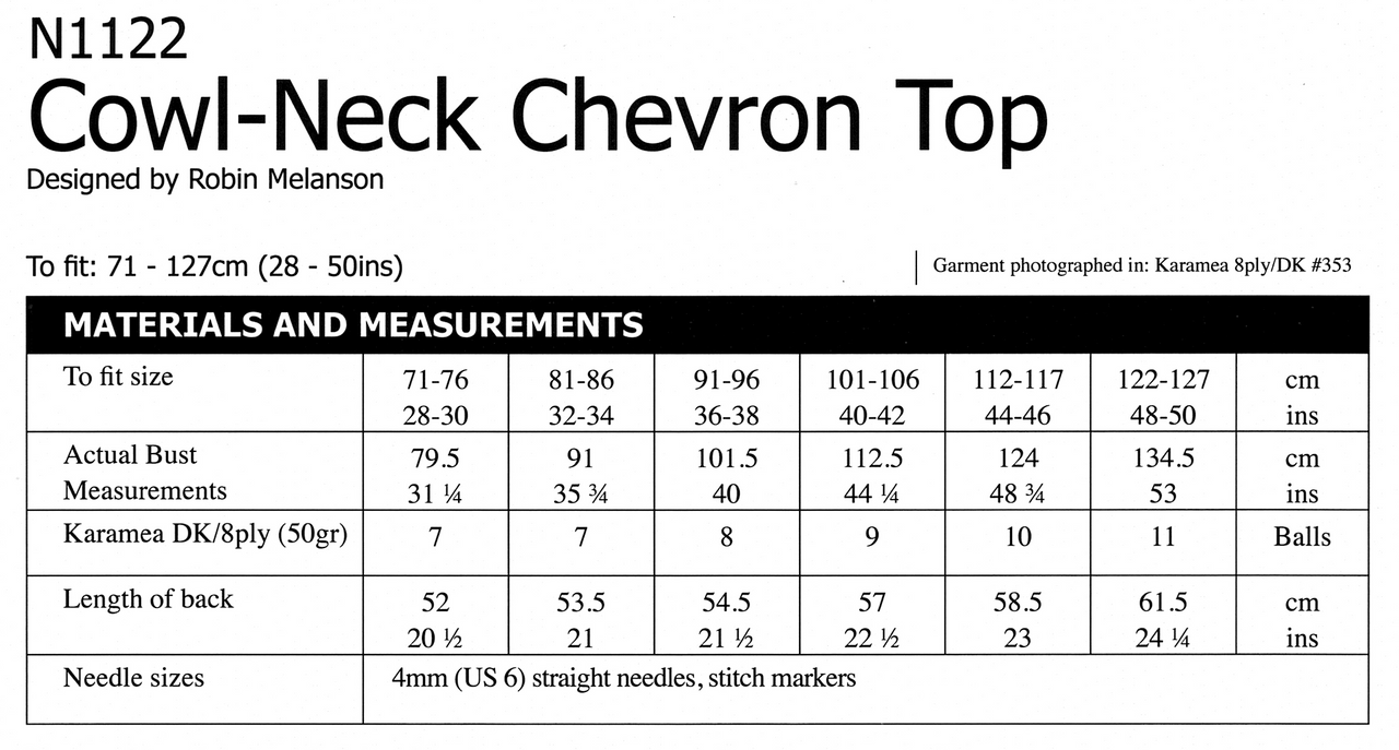 N1122 Cowl-neck chevron top 8ply sizes 28" to 50"