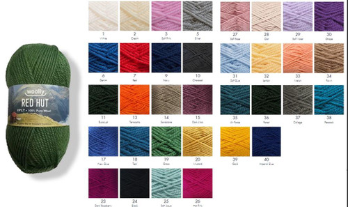 Red Hut 8ply / DK - 50 gram / 100metres - 100% Pure NZ Wool - shade chart - 40 colours