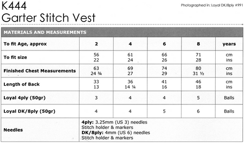 K444 Easy Garter Stitch Vest in 4ply or 8ply ages 2 to 8 years  - sizes and info