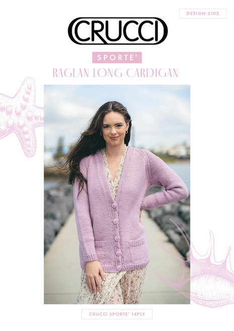 2102 Raglan Sleeve Long Cardigan with pockets in 14ply - sizes 30" to 42"