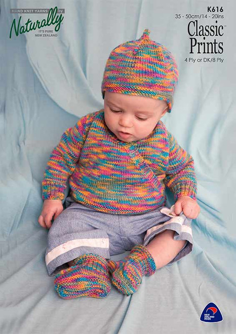 K616 Classic 4ply Wrap Cardigan Hat & Booties sizes Prem to 1 year front cover