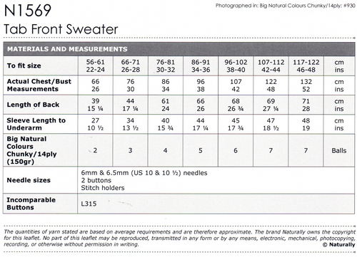 N1569 Big Natural Colours 14ply Mens & Boys Jumper 22 to 48 inches with broken-rib stitch yoke & sleeves