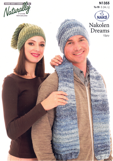 N1355 Nako Dreams 10ply slouchy hat, beanie & scarf in 3 adult sizes