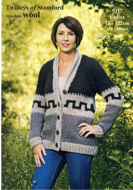 T9217 Super chunky easy Inca motif cardi-jacket for men & women in 14ply sizes 30" to 48"
