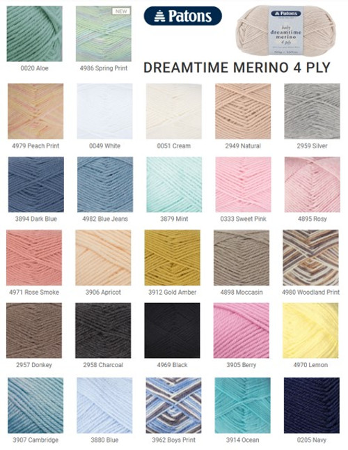 Patons Dreamtime Merino 4 ply - machine wash -  - 100% wool - shade chart