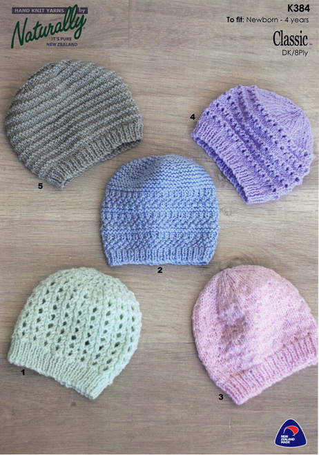 K384 Classic 8ply Hats in 5 styles newborn to 4 years