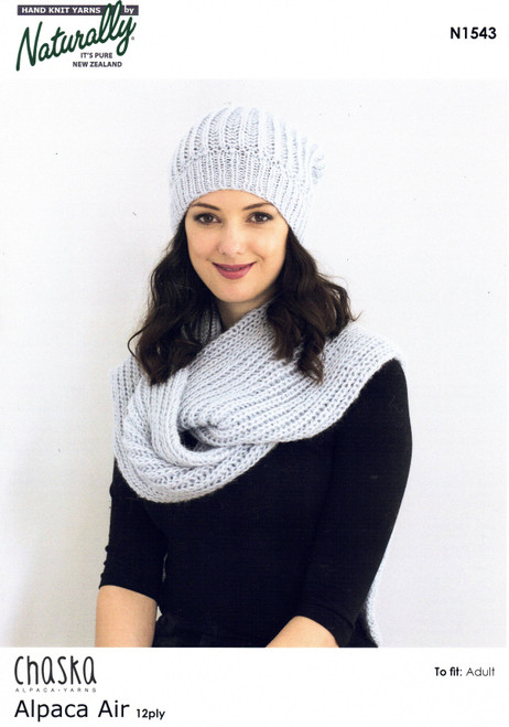 N1543 Scarf/Cowl & Beanie in Alpaca Air 12ply sizes Adult S, M, L