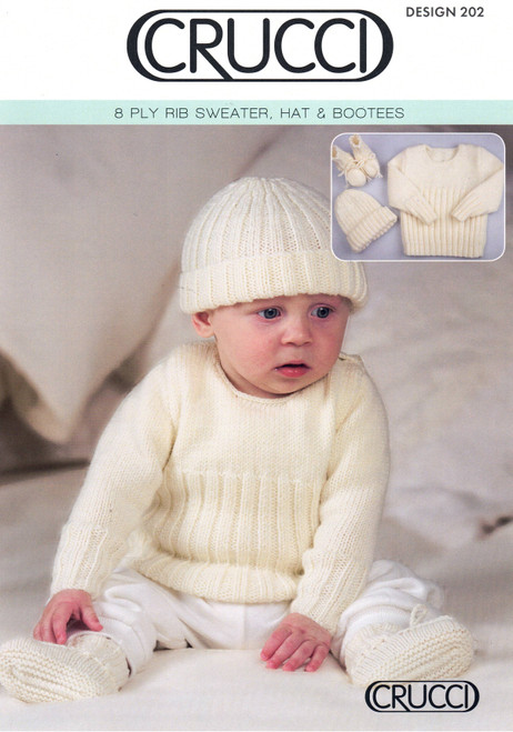 202 Baby Rib Sweater, Hat & Booties in 8ply sizes 0 to 12 months