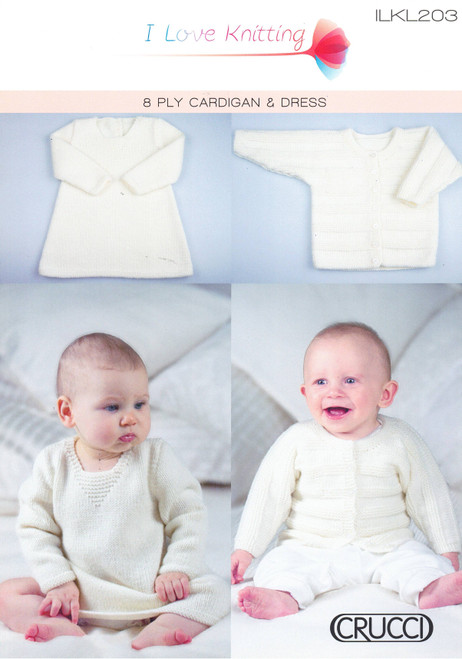 203 Baby Cardigan & Short Frilled Dress in 8ply sizes 0 to 12 months