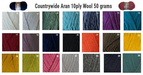 Countrywide Aran 10ply 100% Wool yarn for knitting 50 grams  85 metres per ball