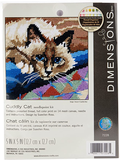 Cuddly Cat  5" x 5" needlepoint kit with printed canvas & threads