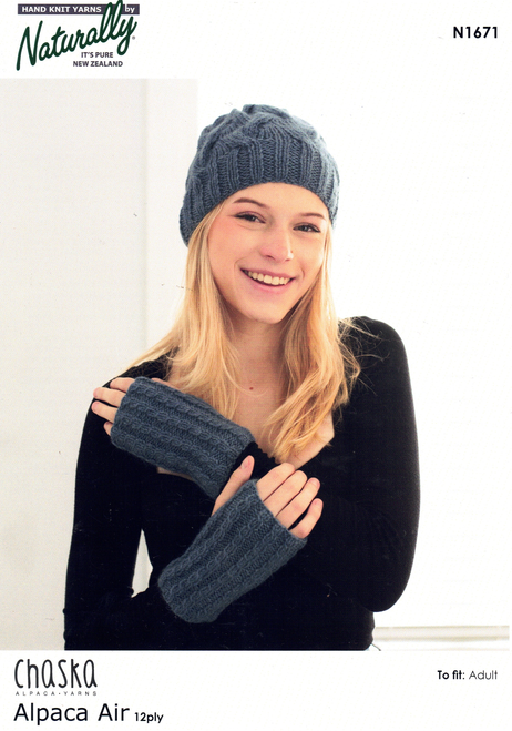 N1671 Cabled Beanie & Ribbed Mittens in Alpaca Air 12ply size Adult (average)