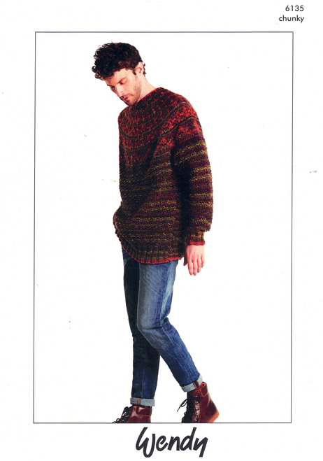 W6135 Mens & Ladies Fair Isle Yoke Sweater in 14ply sizes 32" to 46"