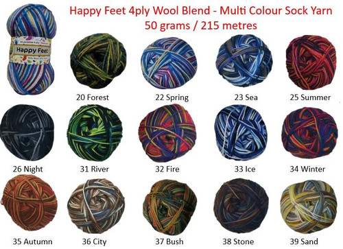 Happy Feet 4ply Wool Blend - Multi Colour Sock Yarn  - shade chart