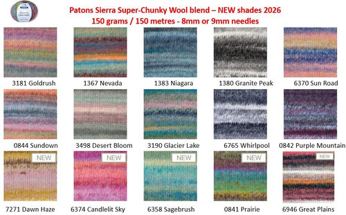 Patons Sierra Chunky Wool blend 150 grams ball 150 metres knitted swatches
