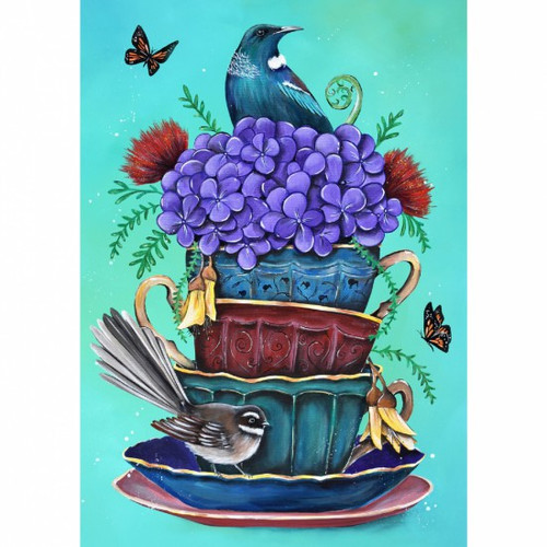 Garden High Tea fabric panel - Tui,  Fantail, Monarchs & Tea Cups - by Fiona Clarke