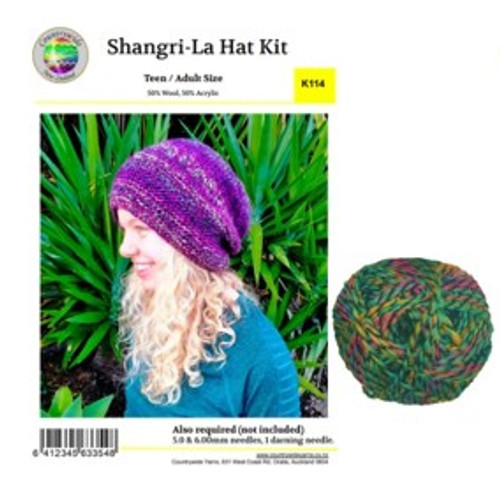 K114 Slouchy Hat knitting kit in Shangri-La 12ply - Colour 07 Green-Pinks