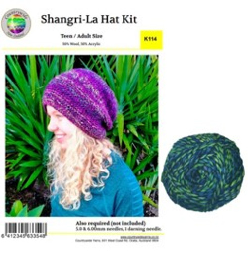 K114 Slouchy Hat knitting kit in Shangri-La 12ply - Colour 10 Blue-Green