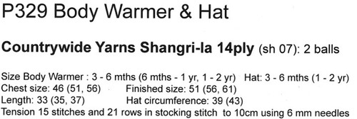 P329 Body warmer - T-shirt singlet & hat in Shangri-La 14ply - sizes 3 months to 2 years