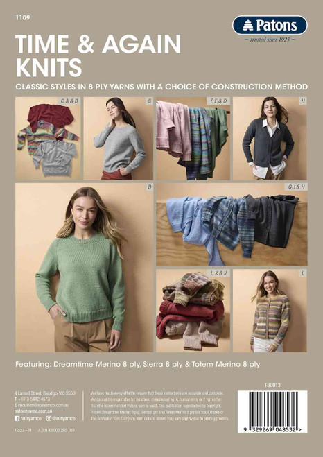Knitting Book 1109 Time & Again Knits Womens 12 Classic Styles in 8ply yarns  - back cover