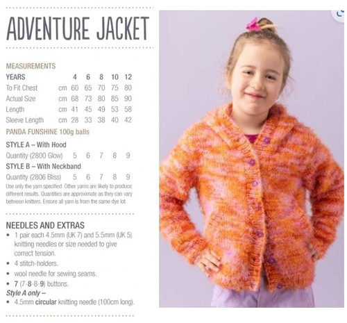 818  Adventure Jacket - Cardigan & Hoodie for 4 to 12 years in Panda Funshine 12ply sizes and requirements