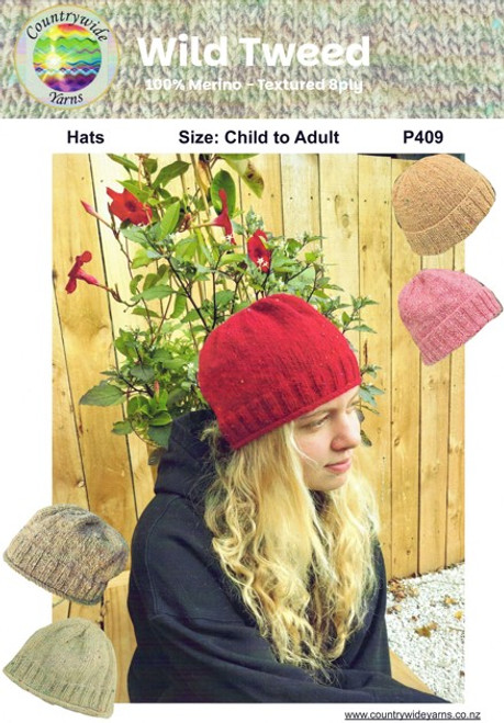P409 Beanies - Hats in 2 designs for child to adult in Wild Tweed 8ply - easy-knit on straight needles - knitting pattern