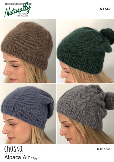 N1745 Teen or Adult beanies and slouch hats knitting pattern in 4 styles knitted in Alpaca Air 12ply