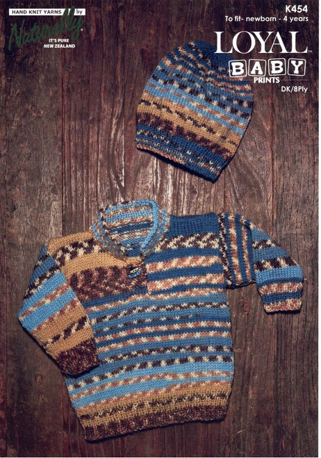 K454 Sweater with button front & Hat in Loyal Baby Print DK 8ply - knitting pattern