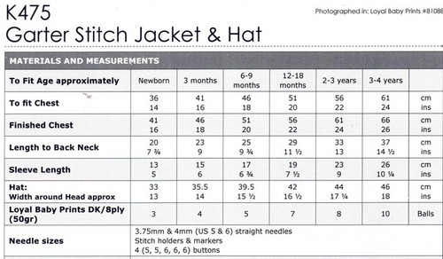 K475 Garter Stitch Jacket & Hat in Loyal Baby Print DK 8ply - sizes 0 to 4 years