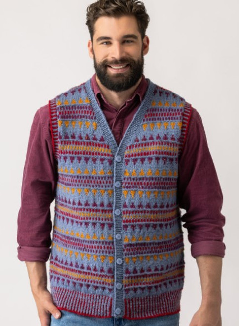 1024 Cedric Fairisle Mens Button Vest & Pullover in Cleckheaton Country Naturals 8 ply - sizes 36" to 54"