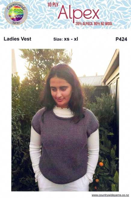 P424 Teen or Womens Sleeveless Top or Vest knitting pattern  in Alpex 10ply alpaca wool - sizes XS, S, M, L, XL