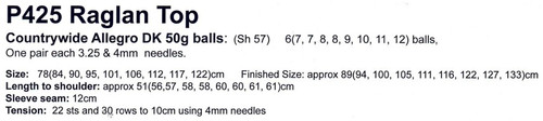 P425 Teens or Ladies round-neck top patern information with raglan sleeves in Allegro DK 8ply yarn - sizes XXS to 3XL