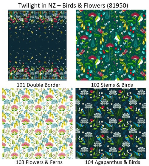 Twilight in NZ Birds and Flowers quilting fabric - by Ellen Giggenbach