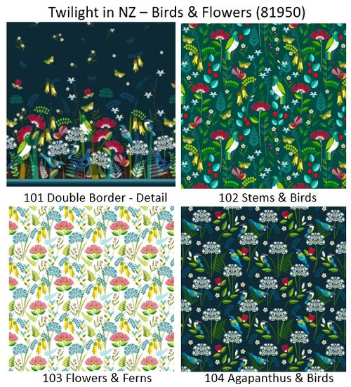 Twilight in NZ Birds and Flowers patchwork fabric - by Ellen Giggenbach