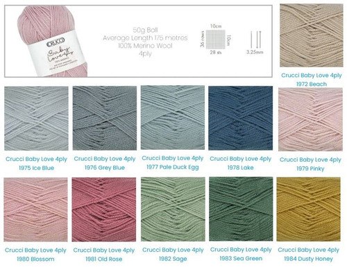 Crucci Baby Love 4ply Merino Wool shade chart 50 grams 175 metres machine washable