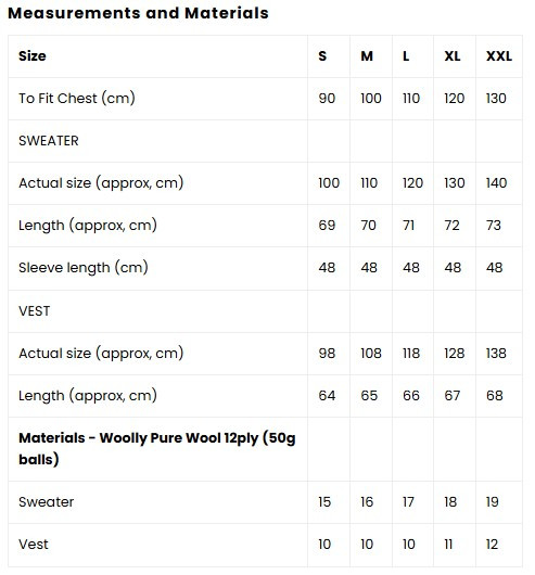 2304 Men's Vest or Sweater pattern requirements with set-in sleeves in 12 ply