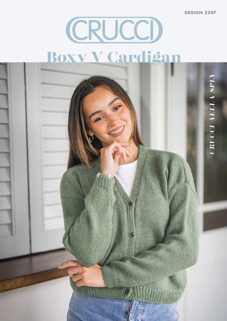 2307 Women's boxy shape cardigan knitting pattern with v-neck in 8 ply - sizes SX to XXXL ( 30" to 48" )