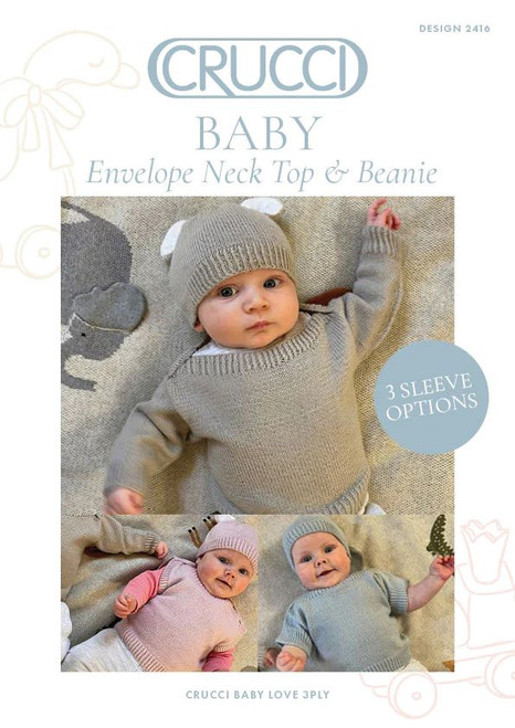 2416 Baby straight-neck top knitting pattern  in 3 sleeve lengths & Beanie in 3 ply merino - sizes 3 to 18 months (16" to 22")