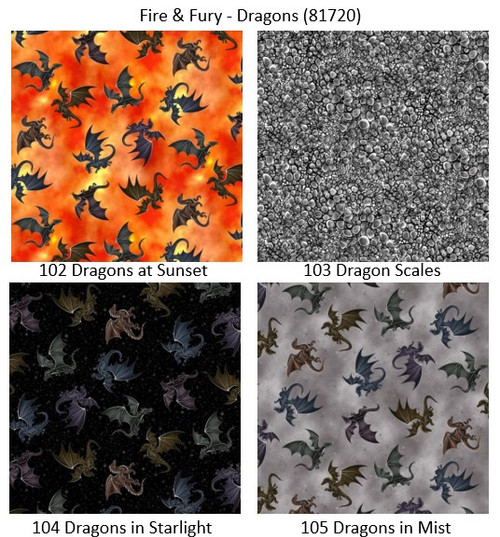 Fire & Fury Dragon - coordinating fabrics shade chart