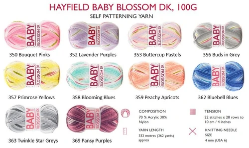 Hayfield Baby Blossom DK 8ply yarn - 100 grams / 332 metres - 10 colours shade chart