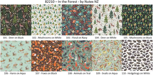 In the Forest patchwork fabric - Deer, Foxes, Fungi, Hares, Hedgehogs, Mushrooms, Owls, Snails & Trees - 10 designs from Nutex NZ