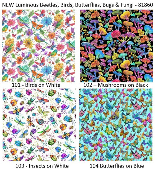 NEW Luminous patchwork and quilting fabric with Beetles, Birds, Butterflies, Bugs, Fungi, Flowers and Mushrooms