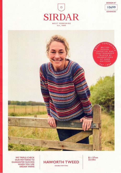 Sirdar 10699 Circular-knit Striped Sweater knitting pattern in Haworth Tweed 8ply