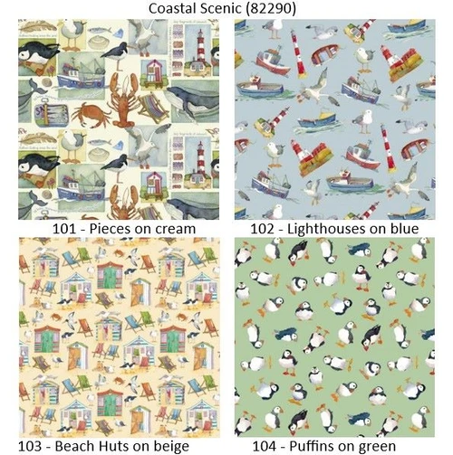 Coastal Scenic patchwork & quilting fabric - Bachs, shells, seagulls, fishing boats - by Emma Bell