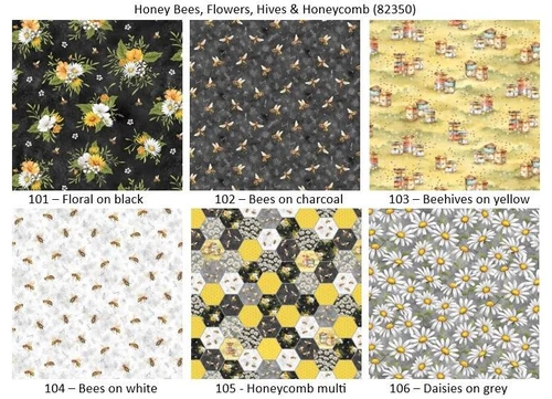 Honey Bees, Flowers, Hives & Honeycomb patchwork & quilting fabric - by Fiona Clarke